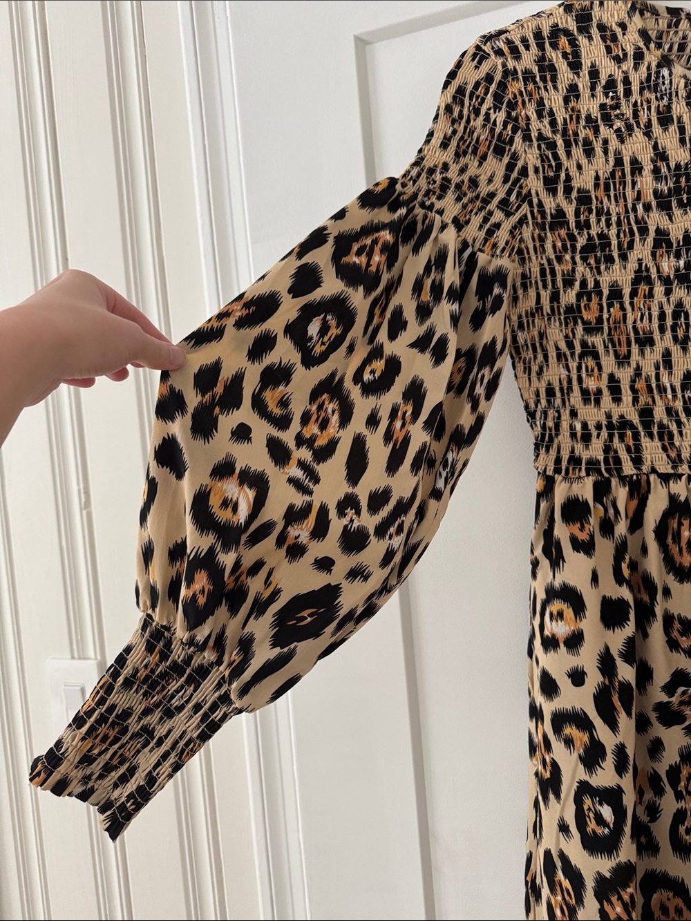 Leopard Print Long Sleeve Smocked Midi Dress - Beige/Tan - Picture 4 of 8